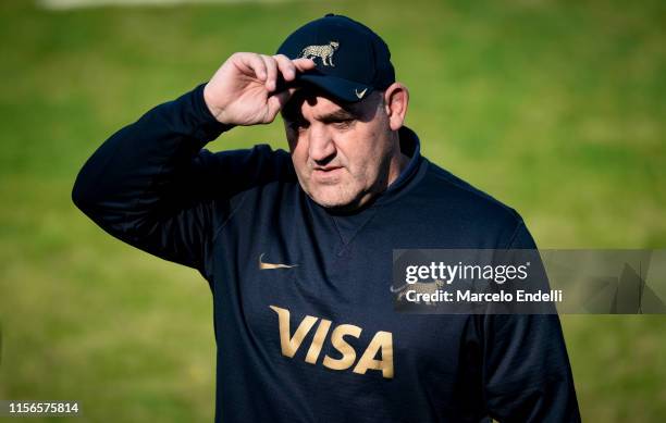 Mario Ledesma head coach of Argentina gestures during the Captains Run ahead of the match against New Zealand as part of The Rugby Championship 2019...
