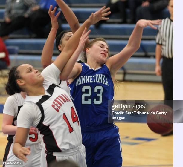 Holiday Girls Basketball Tournament. St. Paul Central vs. Minnetonka. St. Paul Central's Jada Haynes and Minnetonka's Taylor Fredrickson pursued a...