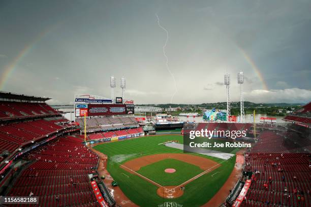 General view as a rainbow forms and lightning strikes above the ball park during a rain delay in the game between the Houston Astros and Cincinnati...