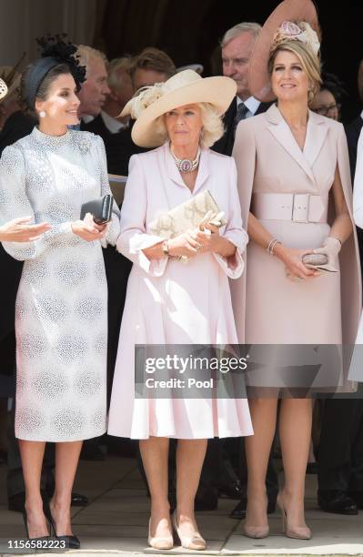 Queen Letizia of Spain, Camilla, Duchess of Cornwall, Queen Maxima of the Netherlands attend the Order of the Garter at St George's Chapel on June...