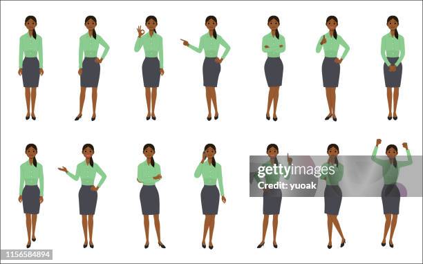 set of african american businesswoman isolated on white background - black thumbs up white background stock illustrations