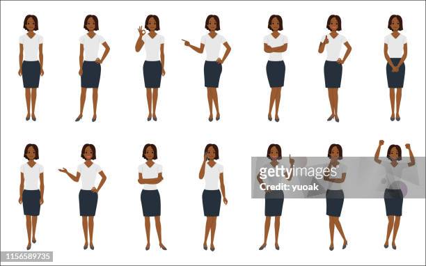 satz von afrikanischen amerikanischen geschäftsfrau isoliert auf weißem hintergrund - afrikanischer abstammung stock-grafiken, -clipart, -cartoons und -symbole