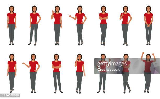 set of young woman isolated on white background - black thumbs up white background stock illustrations