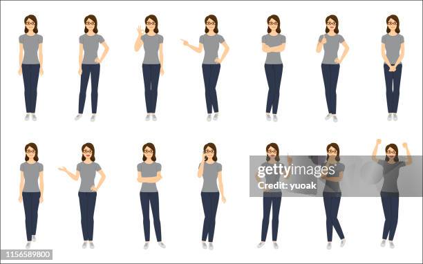 set of young woman isolated on white background - one animated person pointing to object stock illustrations