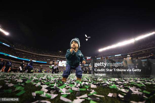 Demetrius Beatty 4, son of Philadelphia Eagles offensive tackle Will Beatty celebrated after the Eagles beat Minnesota 38-7 during the NFC...