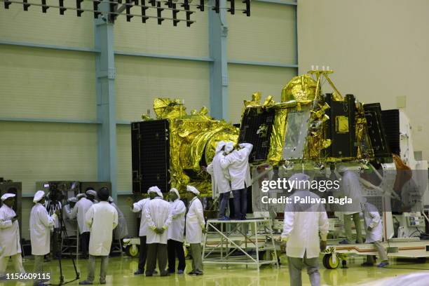 The moon lnder Vikram in the foreground and the orbitter of the Chandrayaan in the back ground as Indias moon shot is in the clean room at the Indian...