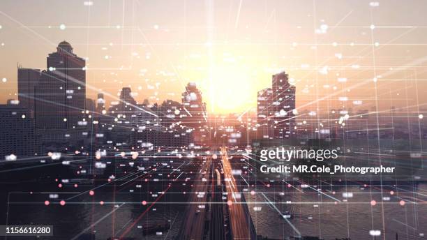 aerial view city with internet connection technology.networking and communication concept.wireless technology and internet of things.smart city concept.big data concept - smart communicate elevation view stockfoto's en -beelden