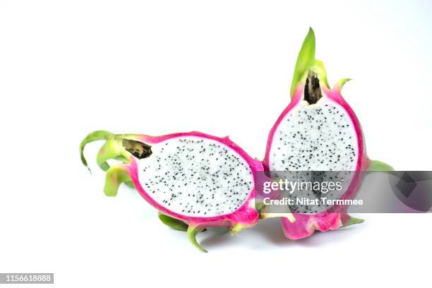 summer tropical fruits for healthy lifestyle, fresh dragon fruit slices on white background - pitaya stock pictures, royalty-free photos & images
