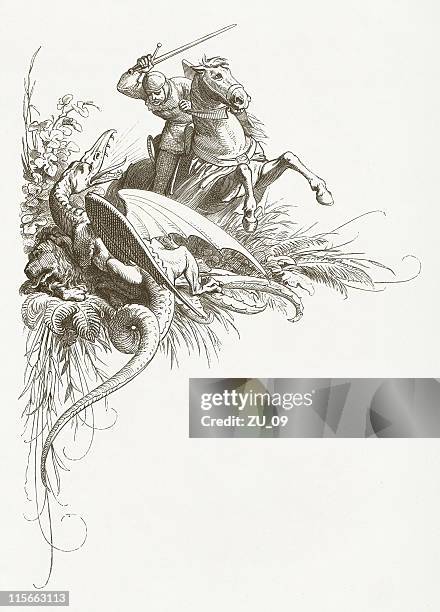 stockillustraties, clipart, cartoons en iconen met fight of the dragon slayer, wood engraving, published in 1871 - dragon