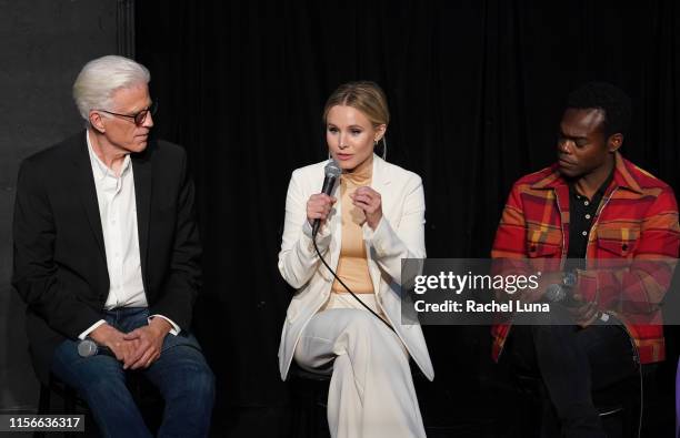 Ted Dansen, Kristen Bell, William Jackson Harper speak at Universal Television's "The Good Place" FYC panel at UCB Sunset Theater on June 17, 2019 in...