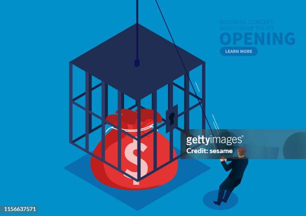 businessman opens the money bag locked inside the cage - debtors prison stock illustrations