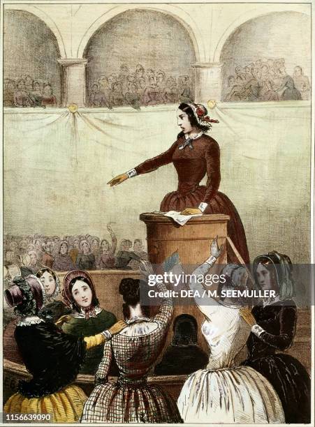 Le Club Feminin, first feminist demonstration Paris, coloured engraving, France, 19th century.