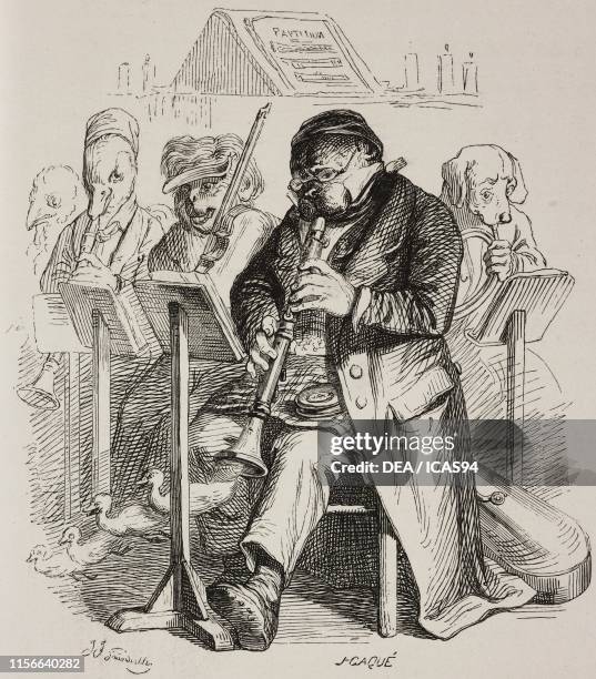 Animals playing oboe, violin and flugelhorn in an orchestra, humanized animals, engraving by J-Caque from a drawing by Grandville, from Scenes de la...