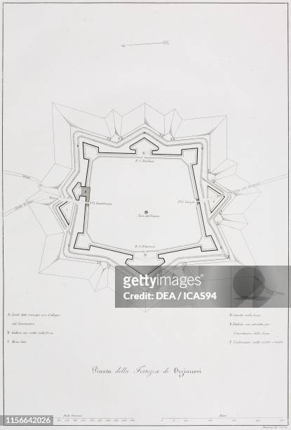 Plan of the fortress of Orzinuovi, Italy, engraving and drawing by Francesco Ronzani, from Le fabbriche civili ecclesiastiche e militari di Michele...
