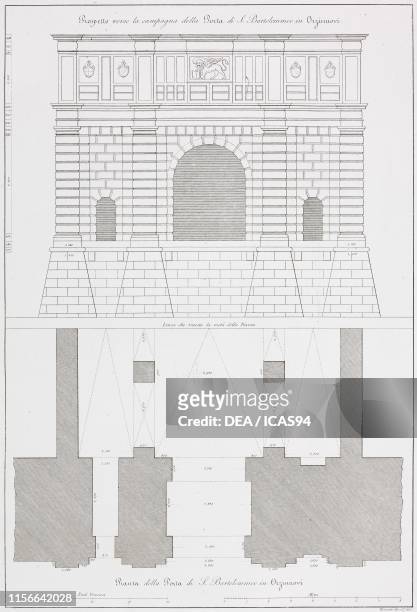 Elevation and plan of Porta San Bartolomeo, Orzinuovi, Italy, engraving and drawing by Francesco Ronzani, from Le fabbriche civili ecclesiastiche e...