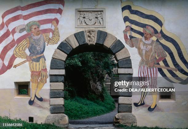 First gateway to Hochosterwitz Castle, fresco depicting soldiers with flags, Carinthia, Austria, 9th-16th century.