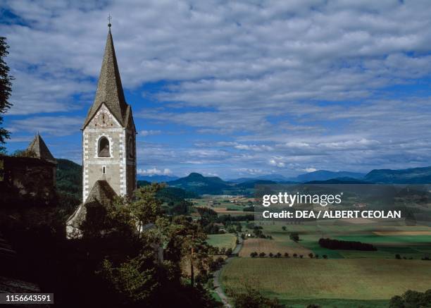 Panorama from Hochosterwitz Castle, to the left the church bell tower, Carinthia, Austria, 9th-16th century.