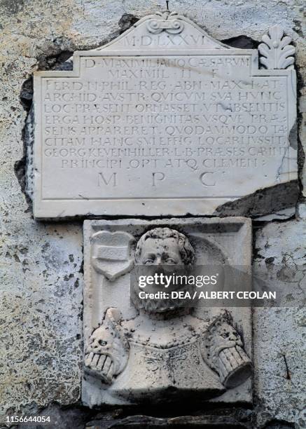 Headstone and bust of a warlord on one of the access gates to Hochosterwitz Castle, Carinthia, Austria, 9th-16th century.