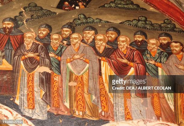 Figures of saints, detail of the Dormition of the Virgin, fresco at the entrance of the Katholikon church, within the complex of Hosios Loukas...