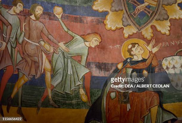 The stoning of Saint Stephen, 12th century, fresco inside the Benedictine Convent of St John , Mustair, Engadin, Canton of Graubunden, Switzerland,...