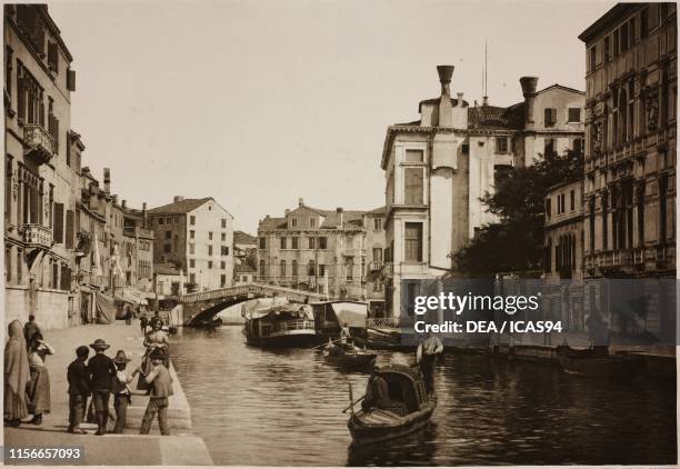 Rio di Cannaregio with the Cannaregio or Guglie Bridge, Venice, Veneto, Italy, from Calli, canali e isole della Laguna , Ferdinando Ongania...