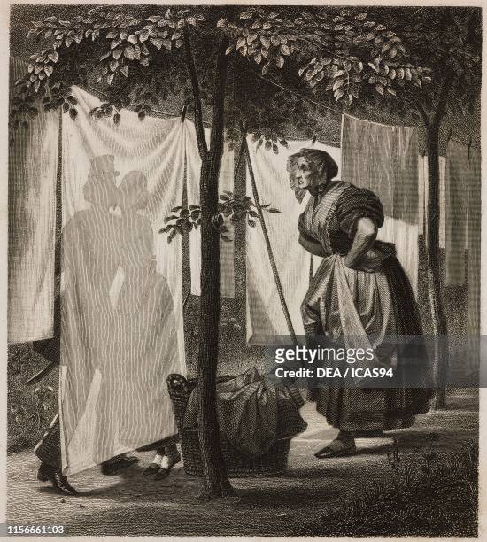 Appointment, clothes hanging out to dry, gallant scene, engraving by A Simon from a painting by F Piloty, from Letture di famiglia , Year IX Trieste.