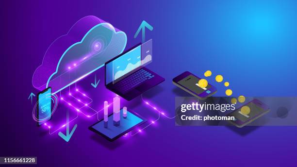 online mobile payment concept with network cloud systems. currency exchange between mobile devices and cloud systems. - system integration services stock illustrations