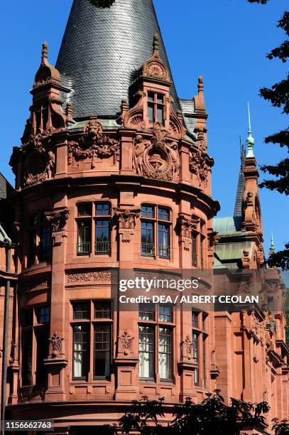 Tower of the building of the University Library Heidelberg, Baden-Wurttemberg, Germany, detail.