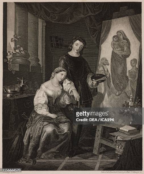 Raphael and Fornarina, the Sistine Madonna on the easel, engraving by Dertinger from a drawing by Rustige, from Letture di famiglia , Year I Trieste.