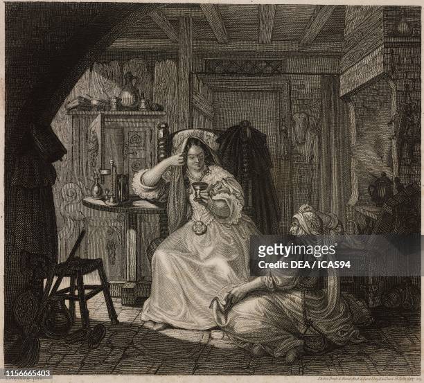 Love elixir, engraving by E Schuler from a painting by L Wendling, from Letture di famiglia , Year III Trieste.