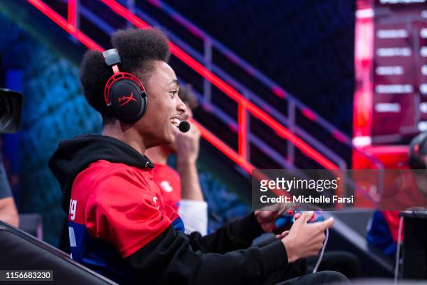 Splashking reacts to a play during the game against Heat Check Gaming during Week 12 of the NBA 2K League regular season on July 19, 2019 at the NBA...