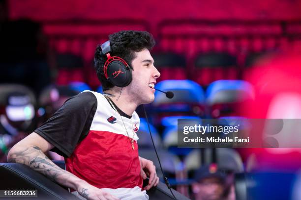 Hood of Heat Check Gaming reacts to a play during the game against the Pistons Gaming Team during Week 12 of the NBA 2K League regular season on July...