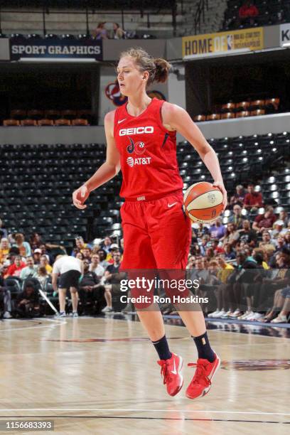 Emma Meesseman of the Washington Mystics handles the ball during the game against the Indiana Fever on July 19, 2019 at the Bankers Life Fieldhouse...