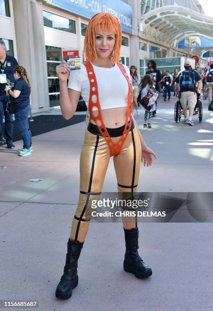 Cosplayer Nadya Sonika dressed as Leeloo from "The Fifth Element" poses during Comic Con in San Diego, California, on July 19, 2019.