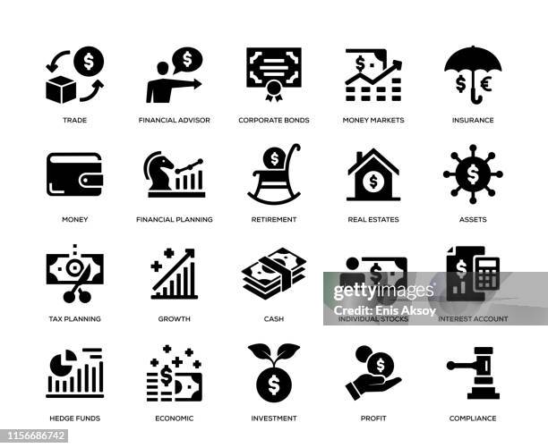 vermögensverwaltungs-icon-set - aktienschein stock-grafiken, -clipart, -cartoons und -symbole