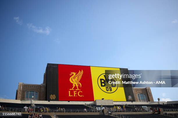 General view of the Notre Dame Stadium scoreboard showing the badges of both teams at the University of Notre Dame campus during the preseason...