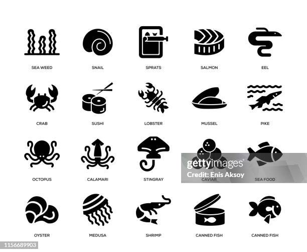 illustrazioni stock, clip art, cartoni animati e icone di tendenza di set di icone sea food - shrimp animal