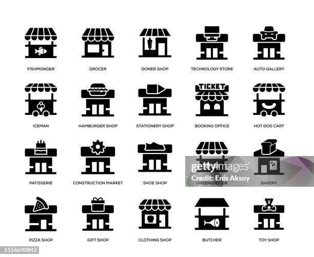bildbanksillustrationer, clip art samt tecknat material och ikoner med ikon uppsättning för butiks byggnad - presentaffär