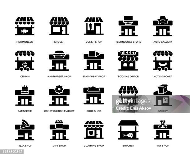 store building icon set - ticket counter stock illustrations