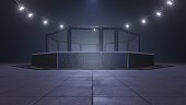 Mma arena. Empty fight cage under lights. 3D rendering