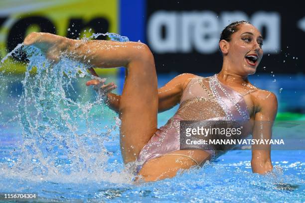 Brazil's Renan Souza and Brazil's Giovana Stephan compete in the mixed duet free artistic swimming final during the 2019 World Championships at...