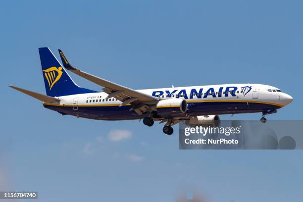 Ryanair Boeing 737-800 aircraft landing at Athens International Airport AIA Eleftherios Venizelos ATH LGAV during a summer blue sky day. The airplane...