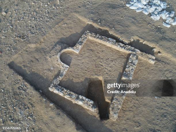 An aerial view of the 1,200-year-old Mosque, found during building work, in the southern Israeli town of Rahat in the Negev desert on July 20, 2019....