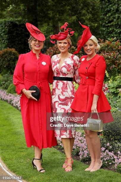 Kate Silverton, Charlotte Hawkins and Natalie Rushdie attend day 1 of Royal Ascot at Ascot Racecourse on June 18, 2019 in Ascot, England.