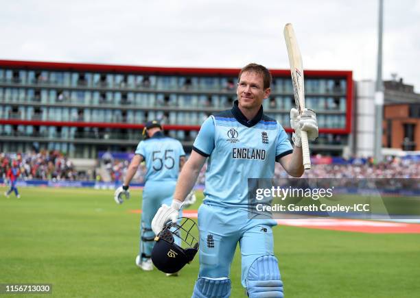Eoin Morgan of England walks off after being dismissed for 148 during the Group Stage match of the ICC Cricket World Cup 2019 between England and...