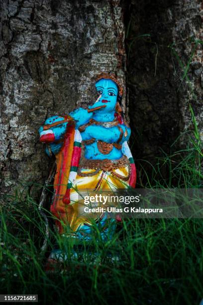 a broken abandoned statue of lord krishna - idols foto e immagini stock