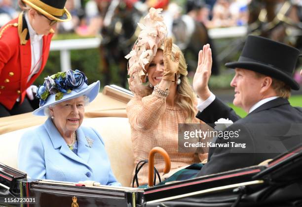 Queen Elizabeth II, Queen Maxima of the Netherlands and Willem-Alexander of the Netherlands attend day one of Royal Ascot at Ascot Racecourse on June...