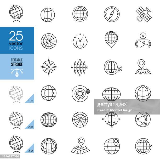 illustrazioni stock, clip art, cartoni animati e icone di tendenza di icone del globo e della comunicazione. tratto modificabile. - globo terrestre