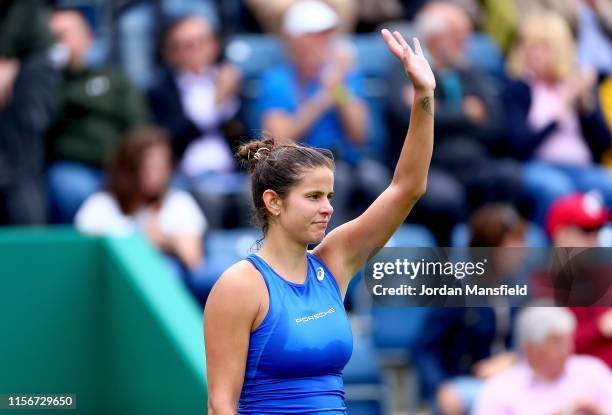 Julia Goerges of Germany celebrates victory during her first round match against Dayana Yastremska of Ukraine during day two of the Nature Valley...