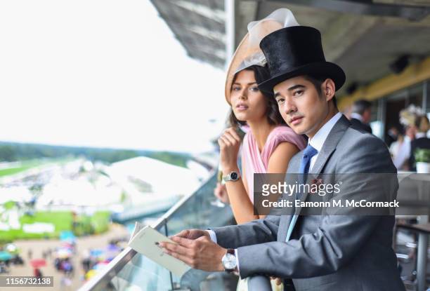 Mario Maurer and Georgia Fowler, guests of Longines, at Royal Ascot on June 18, 2019 in Ascot, England.